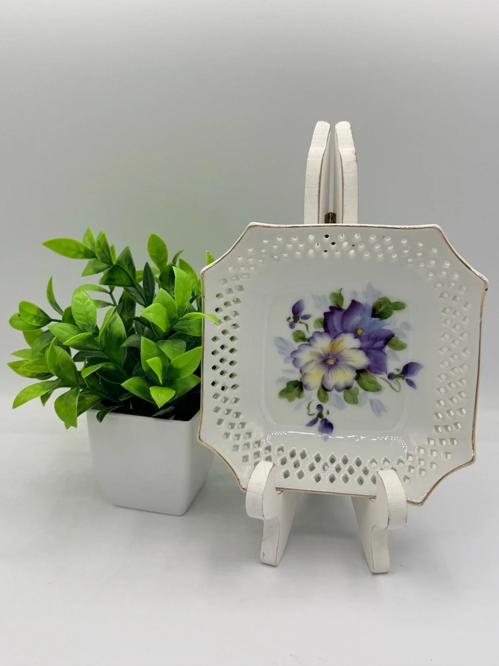Vintage White Porcelain Decorative Plate with Purple Floral Design-JAPAN
